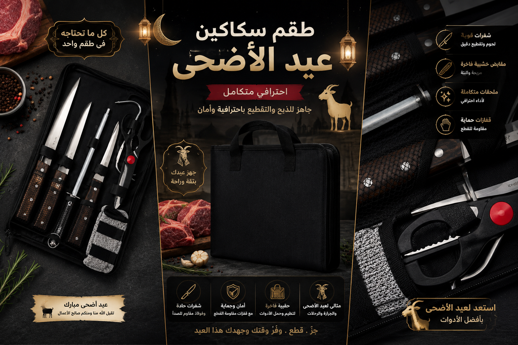 طقم سكاكين عيد الأضحى الاحترافي مع حقيبة فاخرة وأدوات متكاملة