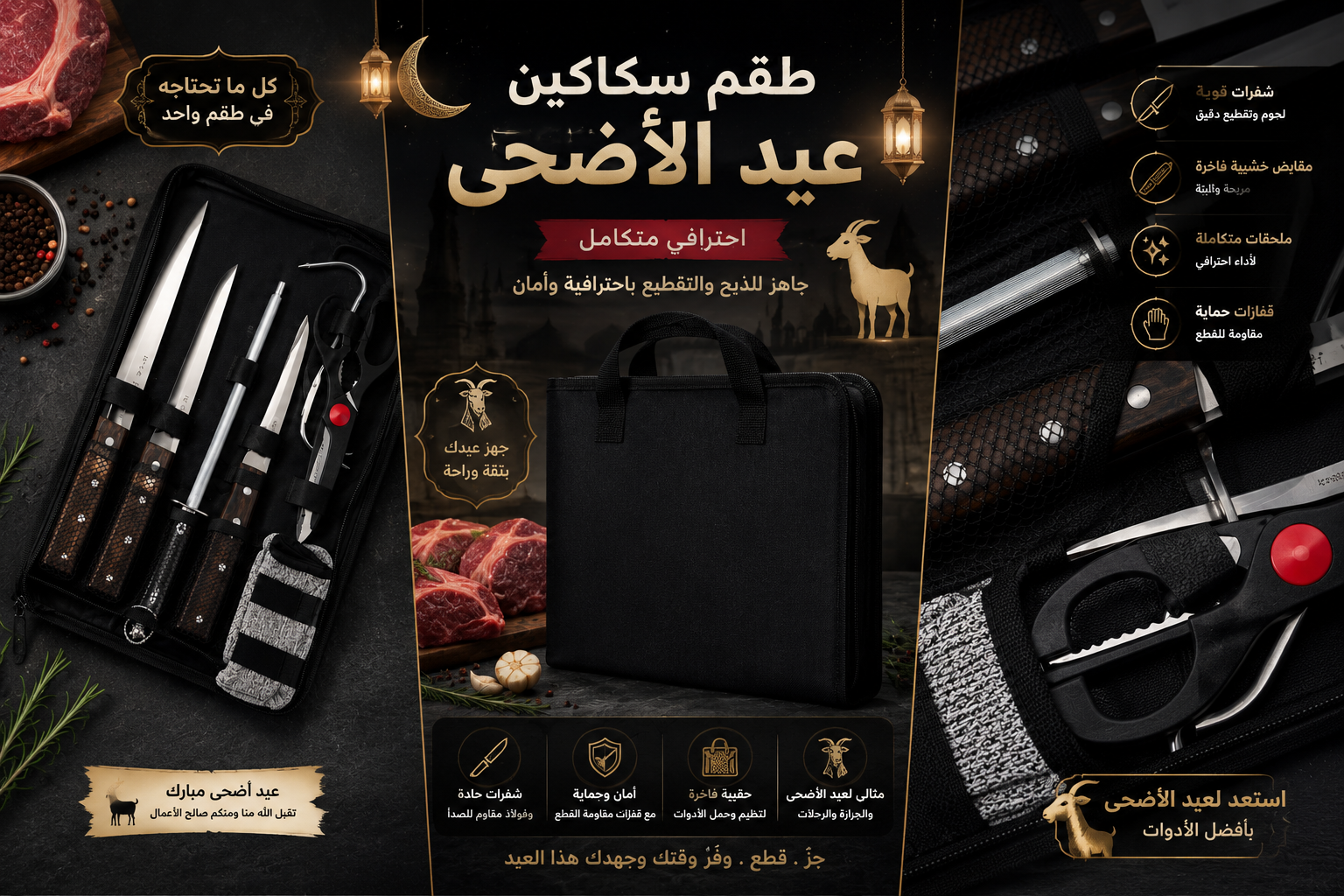 طقم سكاكين عيد الأضحى الاحترافي مع حقيبة فاخرة وأدوات متكاملة