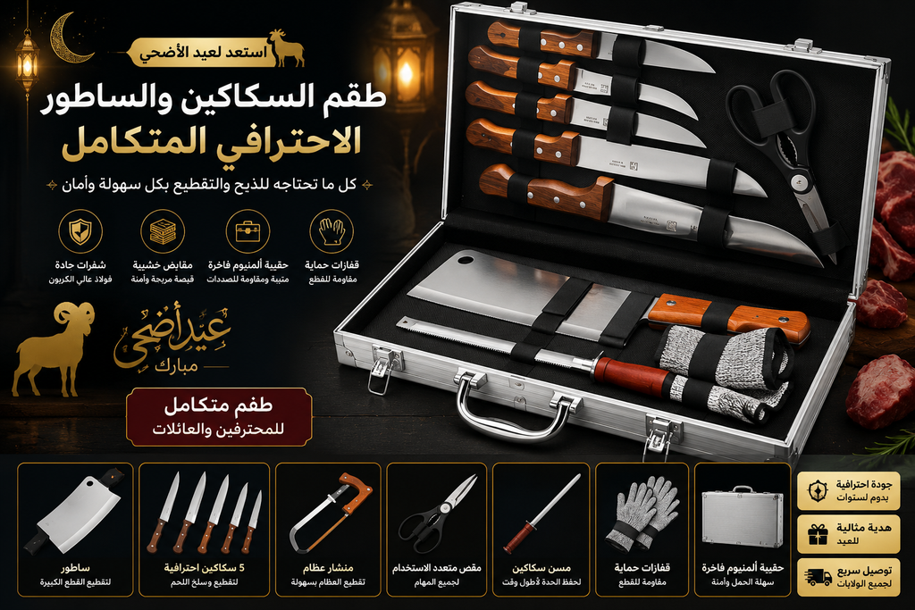 عدة الذبح الكاملة لعيد الأضحى — سكاكين احترافية + ساطور + منشار عظام داخل حقيبة فاخرة